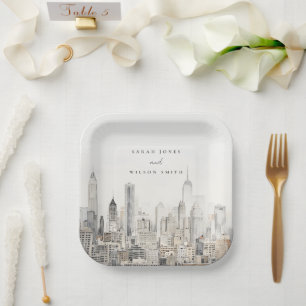 Minimal New York City Skyline Watercolor Wedding Paper Plates