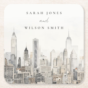 Minimal New York City Skyline Watercolor Wedding Square Paper Coaster