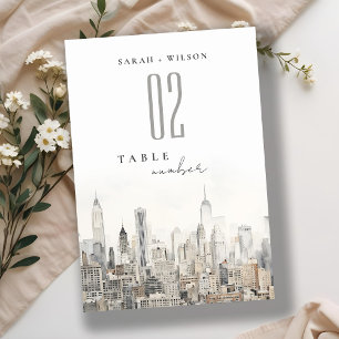Minimal New York City Skyline Watercolor Wedding Table Number
