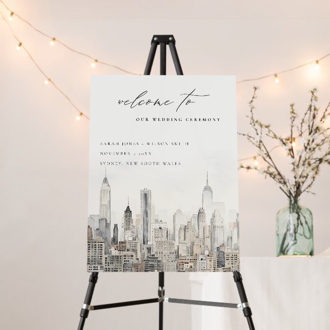 Minimal New York City Skyline Wedding Welcome Foam Board (In Situ (Stand))