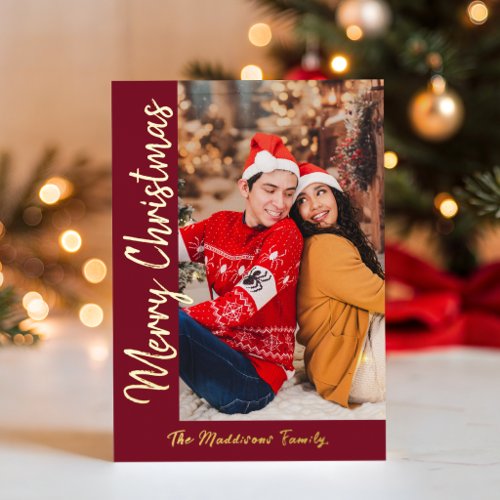 Minimal Newlywed Burgundy Christmas Family Photo Foil Holiday Card