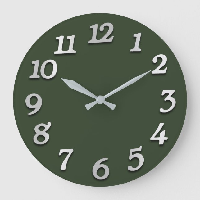 Minimal Numbers Gray Grey Down Meadow Green Large Clock (Front)