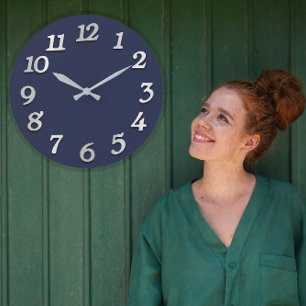 Minimal Numbers Gray Grey Elegant Blue Navy Large Clock