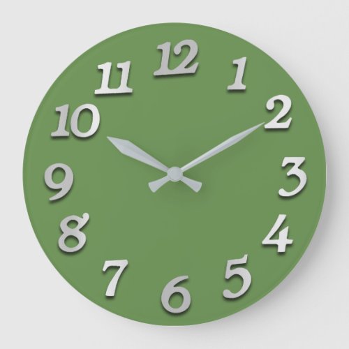 Minimal Numbers Gray Grey Green Meadow Elegant Large Clock