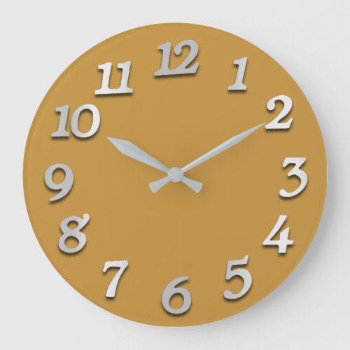 Minimal Numbers Gray Grey Honey Mustard Brown Large Clock