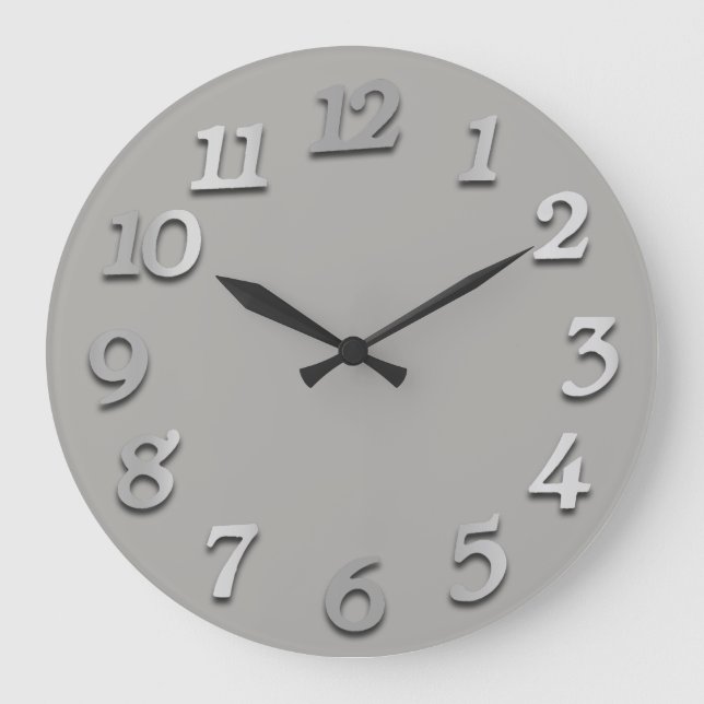 Minimal Numbers Gray Silver Grey Metallic 3D Large Clock (Front)