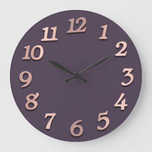 Minimal Numbers Rose Gold Purple Plum Metallic 3D Large Clock
