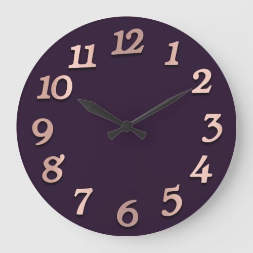 Minimal Numbers Rose Gold Violet Plum Metallic 3D Large Clock