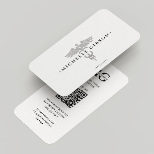 Minimal Nurse Pharmacist White Silver Caduceus Business Card