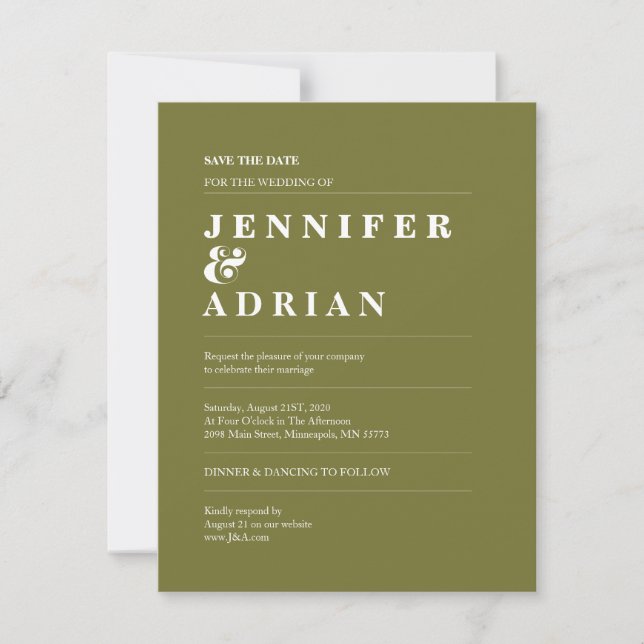 Minimal Old Moss Green Wedding Save The Date (Front)