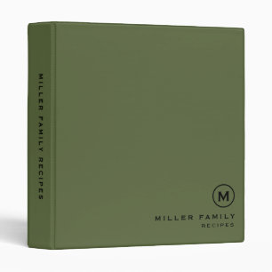 Minimal Olive Black Family Monogram Recipe 3 Ring Binder