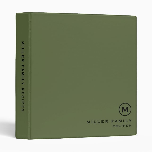 Minimal Olive Black Family Monogram Recipe 3 Ring Binder (Front/Spine)