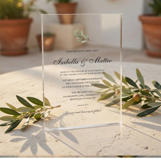 Minimal Olive Branch Acrylic Wedding  Invitations (Creator Uploaded)