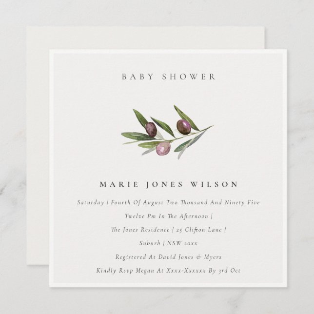 Minimal Olive Branch Foliage Baby Shower Invite (Front/Back)