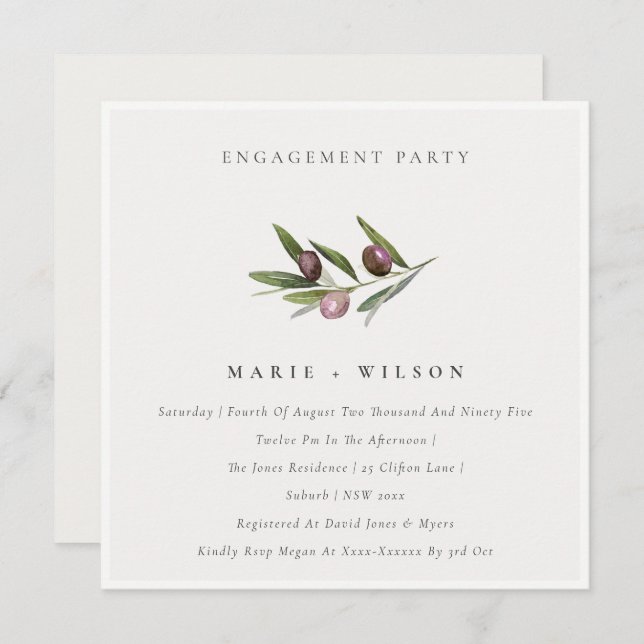 Minimal Olive Branch Foliage Engagement Invite (Front/Back)