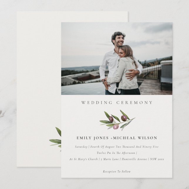Minimal Olive Branch Foliage Photo Wedding Invite (Front/Back)