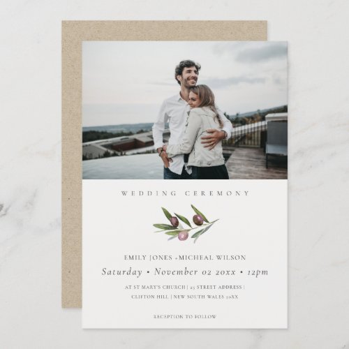 Minimal Olive Branch Foliage Photo Wedding Invite