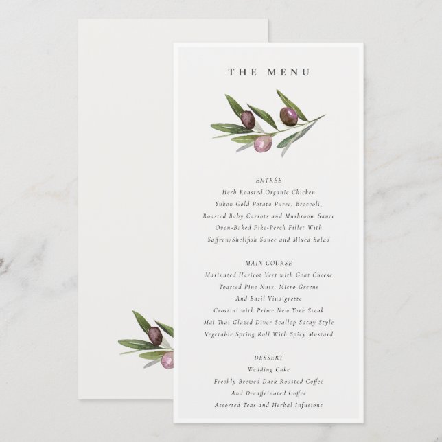 Minimal Olive Branch Foliage Wedding Menu Card (Front/Back)