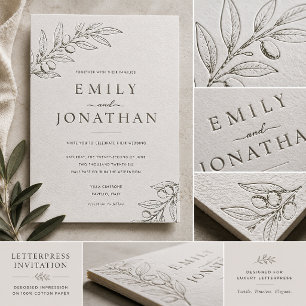 Minimal Olive Branch Wedding Letterpress Invitation