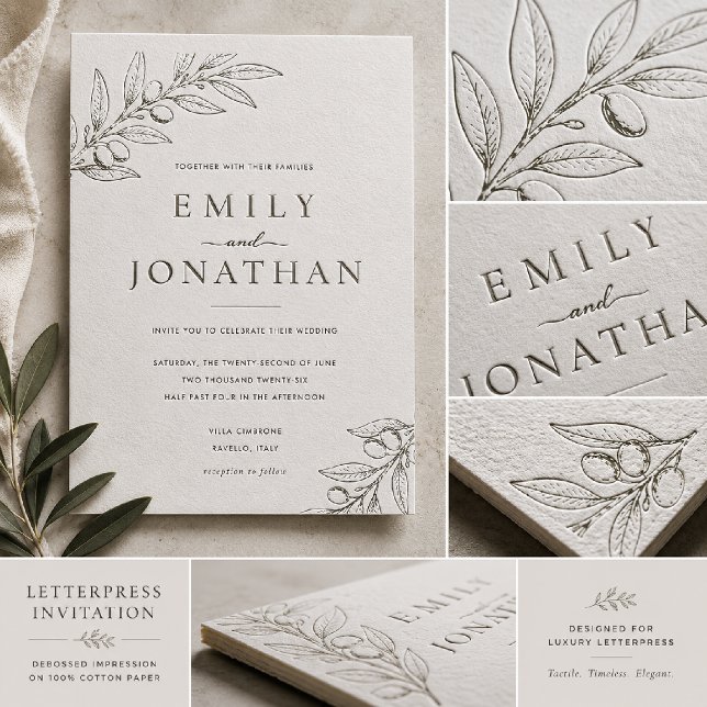 Minimal Olive Branch Wedding Letterpress Invitation (Creator Uploaded)