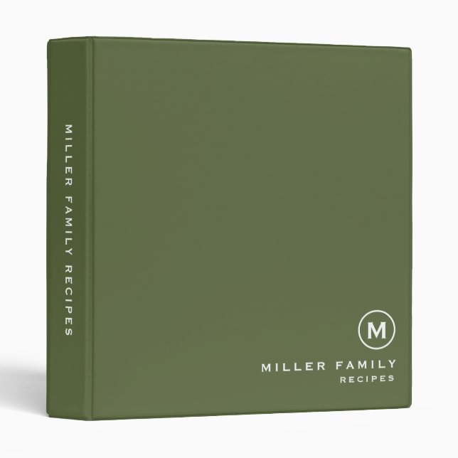 Minimal Olive Classic Family Monogram Recipe 3 Ring Binder (Front/Spine)