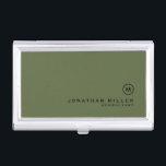 Minimal Olive Classic Monogram Business Card Case<br><div class="desc">Minimalist monogram design with classic block monogram medallion in a classic font with personalized name and title below on a simple olive gren background. Personalize for your custom use.</div>