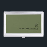 Minimal Olive Classic Monogram Business Card Case<br><div class="desc">Minimalist monogram design with classic block monogram medallion in a classic font with personalized name and title below on a simple olive gren background. Personalize for your custom use.</div>