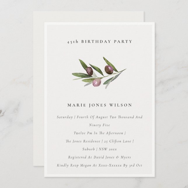 Minimal Olive Foliage Any Age Birthday Invite (Front/Back)