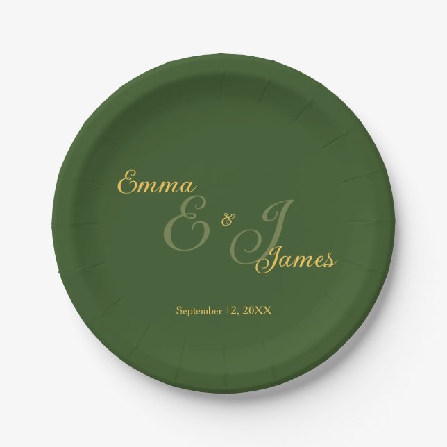 Minimal Olive Green and Gold Wedding  Paper Plates (Front)