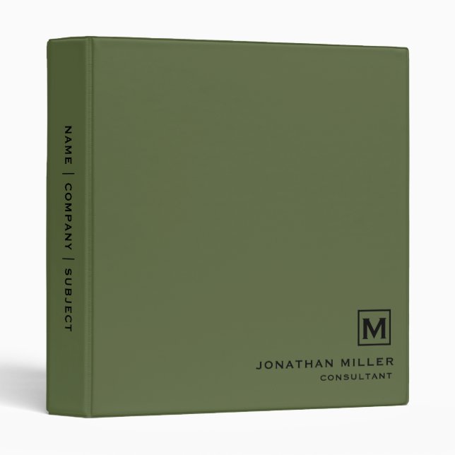 Minimal Olive Green Black Monogram 3 Ring Binder (Front/Spine)