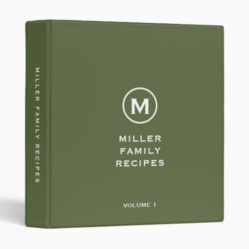 Minimal Olive Green Classic Family Monogram Recipe 3 Ring Binder