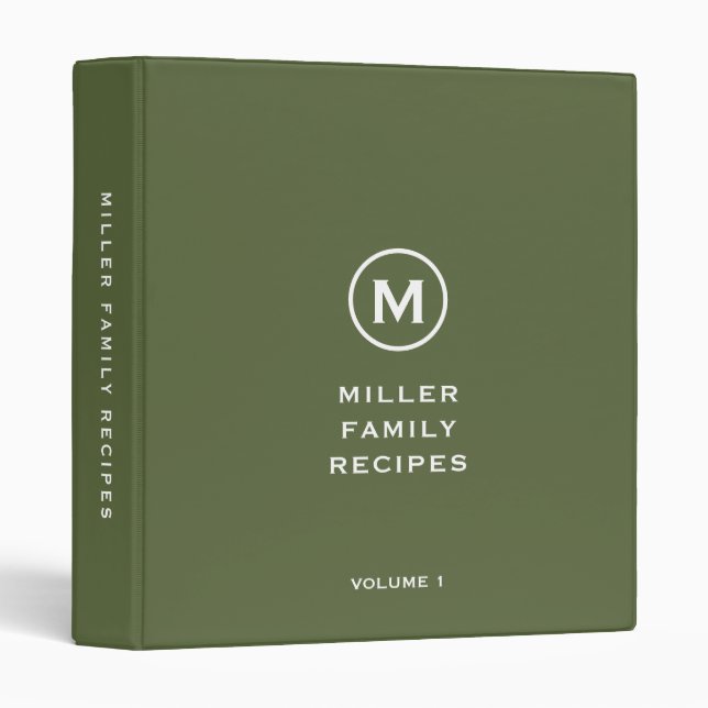 Minimal Olive Green Classic Family Monogram Recipe 3 Ring Binder (Front/Spine)
