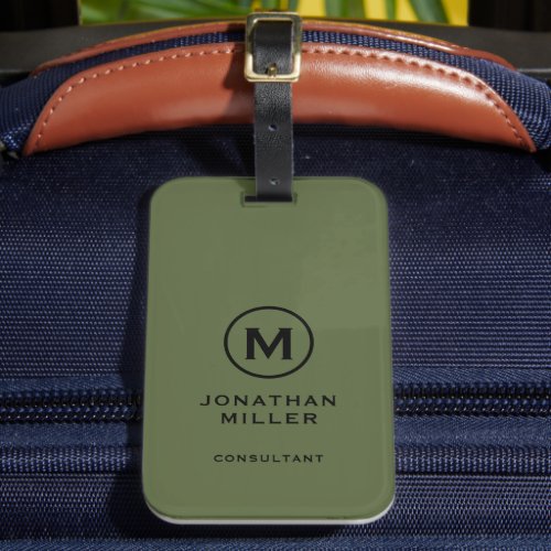 Minimal Olive Green Classic Typographic Monogram Luggage Tag