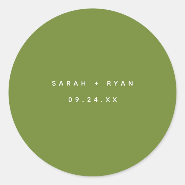 Minimal Olive Green Custom Names Wedding Classic Round Sticker (Front)