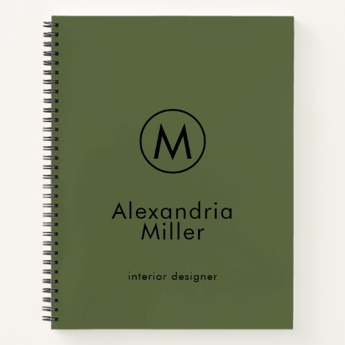 Minimal Olive Green Elegant Monogram Notebook