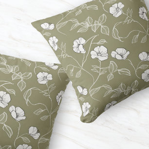 Minimal Olive Green Floral Line Art White Flower Throw Pillow