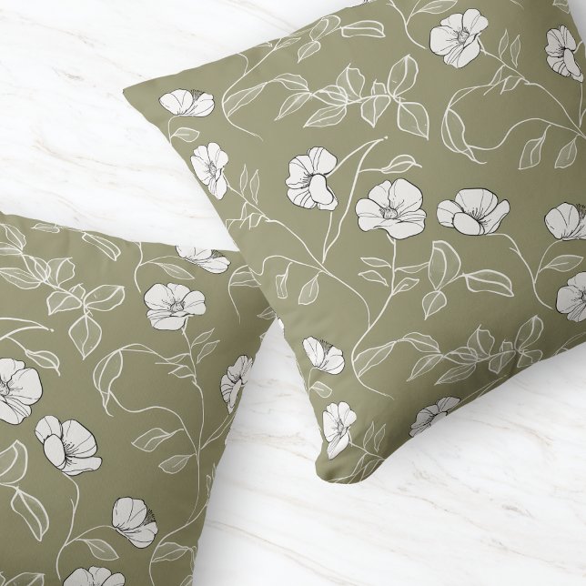 Minimal Olive Green Floral Line Art White Flower Throw Pillow (Minimal Olive Green Floral Line Art White Flower Throw Pillow)
