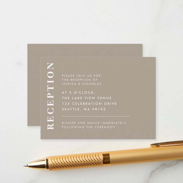 Minimal Olive Grey Modern Wedding Reception Enclosure Card (Front/Back In Situ)