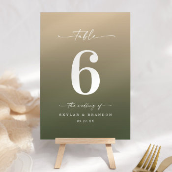 Minimal Ombre Dark Monstera Green & Gold Wedding Table Number by GraphicBrat at Zazzle