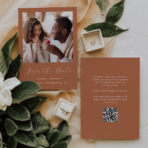 Minimal One Photo Script QR Code Terracotta Save The Date