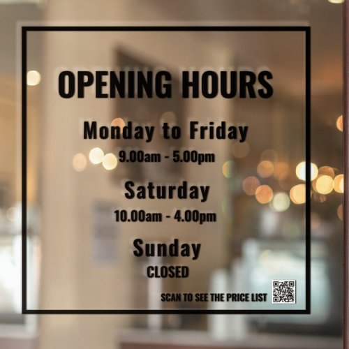 Minimal Opening Hours White  Window Cling