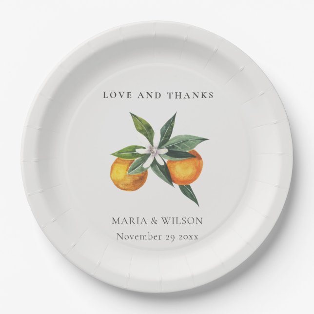Minimal Orange Botanical Boho Love Thanks Wedding Paper Plates (Front)