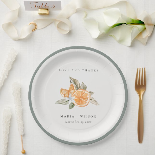 Minimal Orange Botanical Boho Love Thanks Wedding Paper Plates (Wedding)