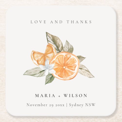 Minimal Orange Botanical Boho Love Thanks Wedding Square Paper Coaster
