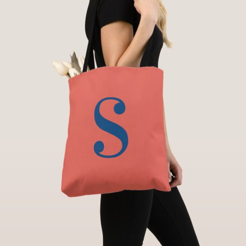 Minimal Orange with Large Navy Blue Monogram Tote Bag