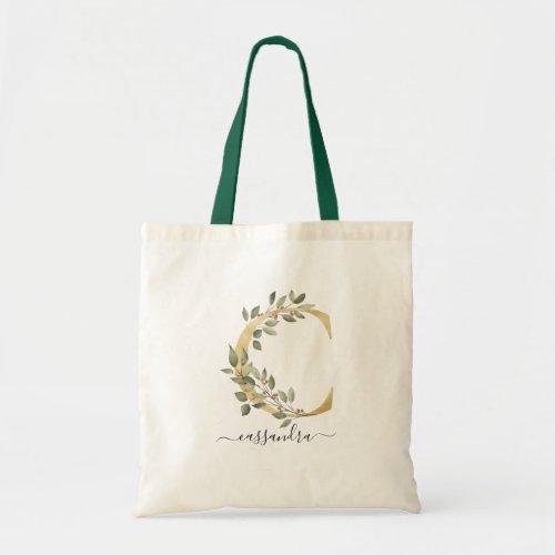 Minimal Organic Greenery Gold Monogram Letter C Tote Bag