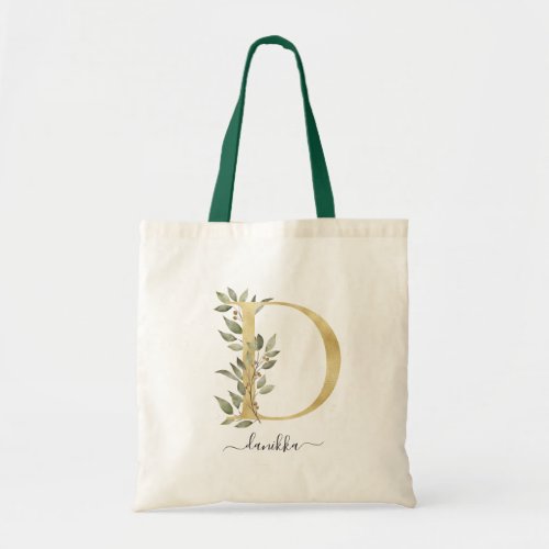 Minimal Organic Greenery Gold Monogram Letter D Tote Bag