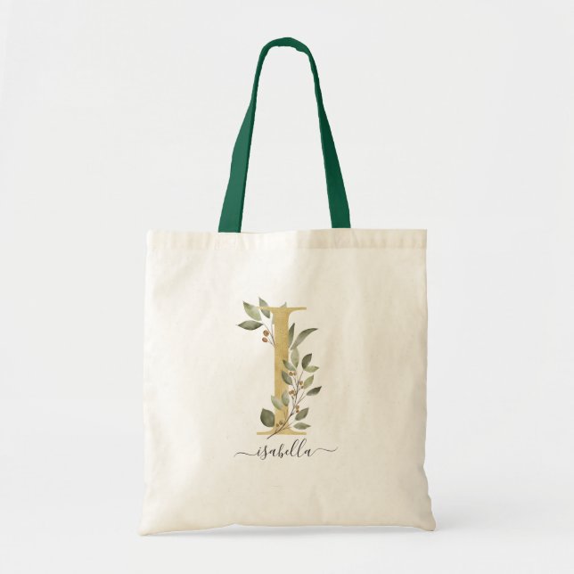Minimal Organic Greenery Gold Monogram Letter "I" Tote Bag (Front)