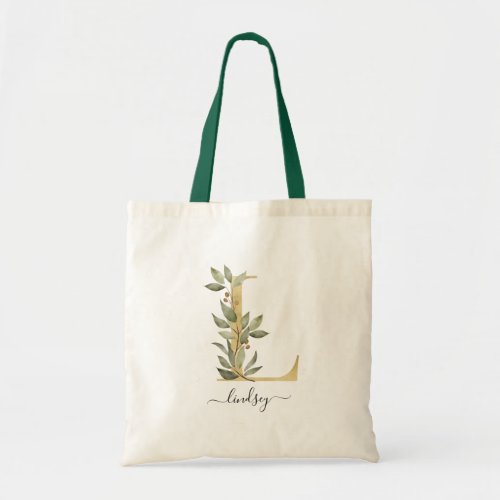 Minimal Organic Greenery Gold Monogram Letter L Tote Bag