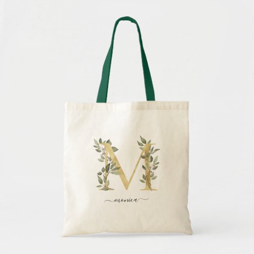 Minimal Organic Greenery Gold Monogram Letter M Tote Bag